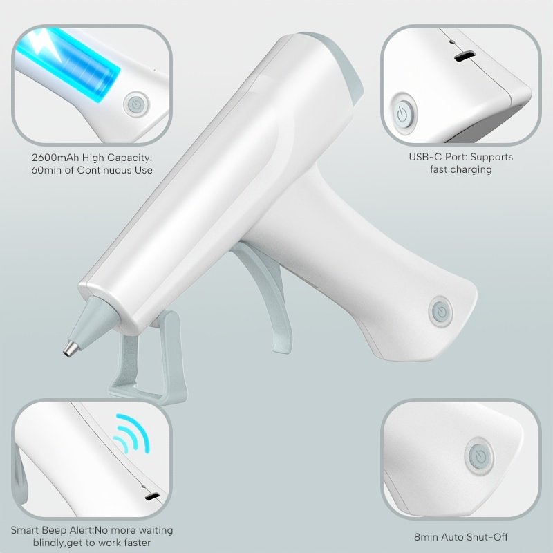 TEMU White Wireless Hot Glue Gun, 2600mah Battery Usb-c Rechargeable With Sound Reminder And Auto Shut-off, For Handcraft, School And