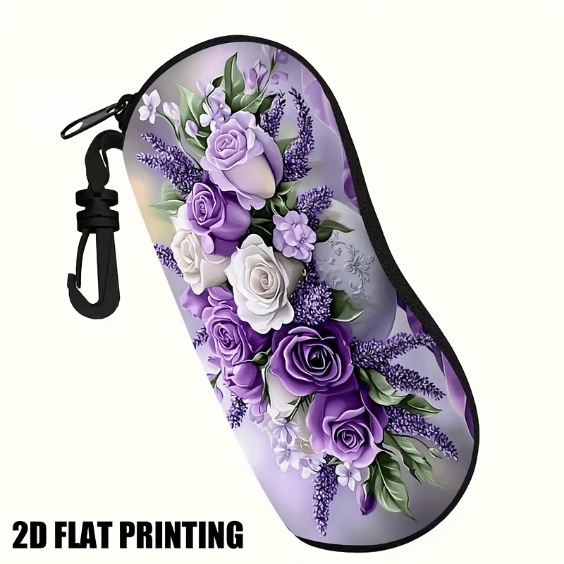 TEMU Étui à lunettes plat 2D - 1pc, motif floral violet, sac à lunettes en néoprène souple et durable, résistant aux rayures et à la poussière,