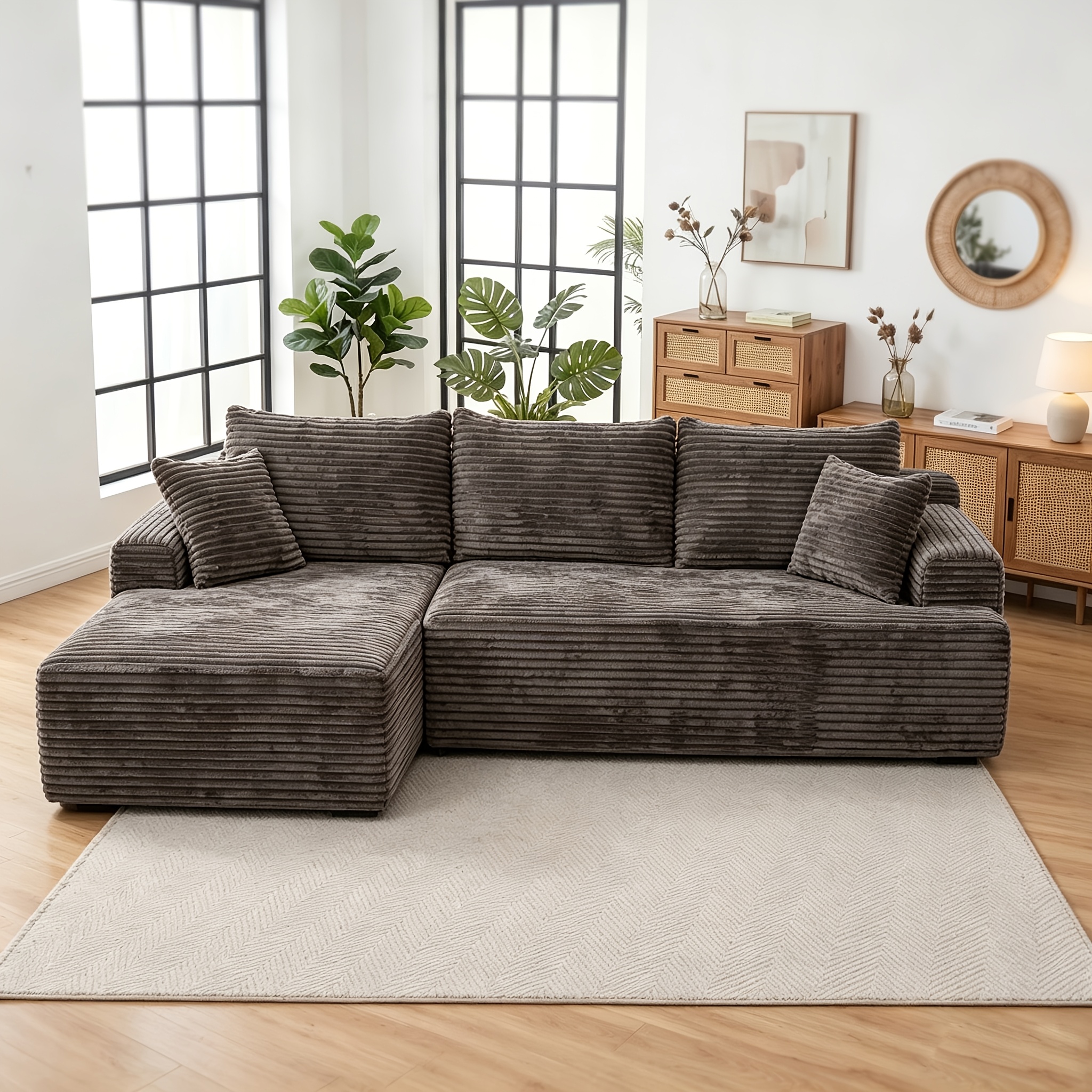 Image of 2pcs Black Striped Corduroy L-shaped Modular Sectional Sofa, Reversible Chaise Lounge Cloud Couch, Plush Deep Seat Boneless Floor Sofa With Throw Pillows, No For Living Room Bedroom Apartment