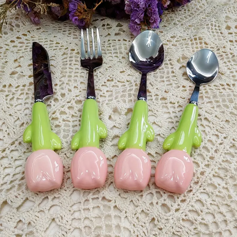24pcs unique ceramic handle steak knife dessert spoon fork and spoon tableware set tools and accessories including knife fork and spoon very cute suitable for daily family dining birthday parties and festival parties Product details 2