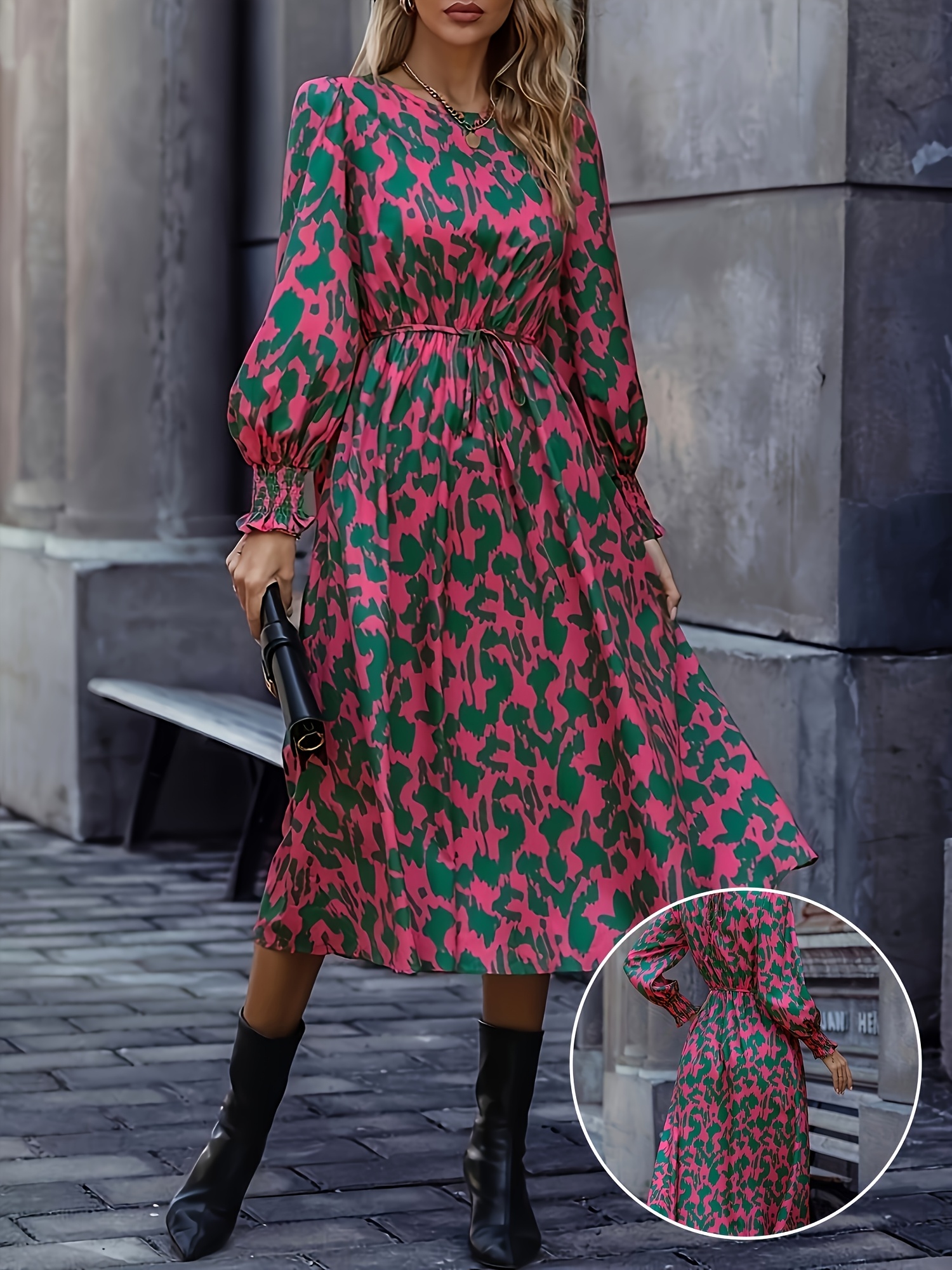 Women S Elegant A-Line Midi Dress - Flattering Formal & Casual Outfit with Long Sleeves, Flowy Skirt,   Party, Office, Everyday Dress in  ,   Chic Women S Clothing, Long Sleeve Dresses, Party Attire, Flowy Fabric, Office Wear, Geometric Print, Durable Clothing, Adult Women