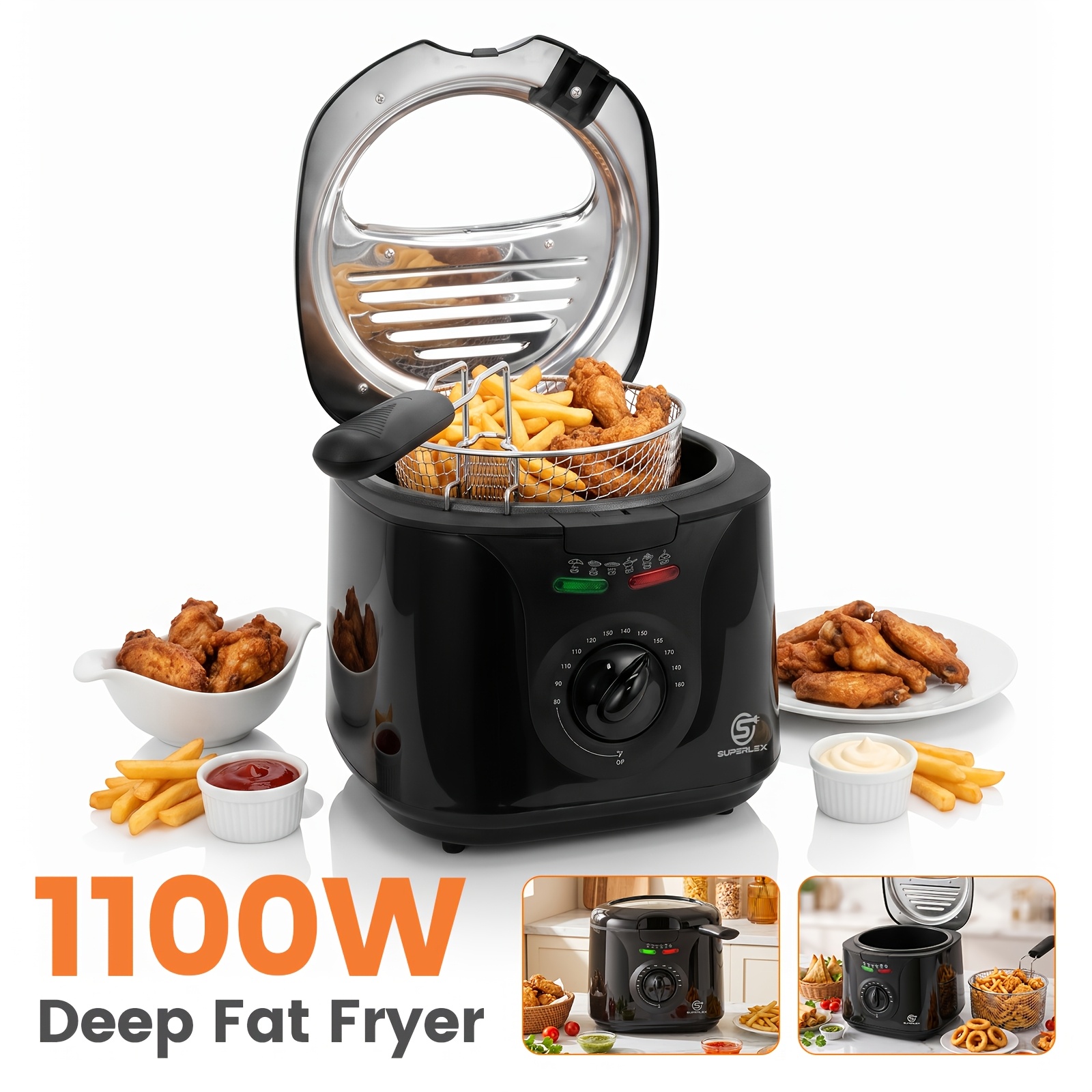 Image of Superlex Deep Fat Fryer 1100w, Compact Electric Fryer With Variable Thermostat & Dual Indicator Lights, 400g Basket Capacity, Permanent Filter System, Housing, For Chips, Fish, Chicken