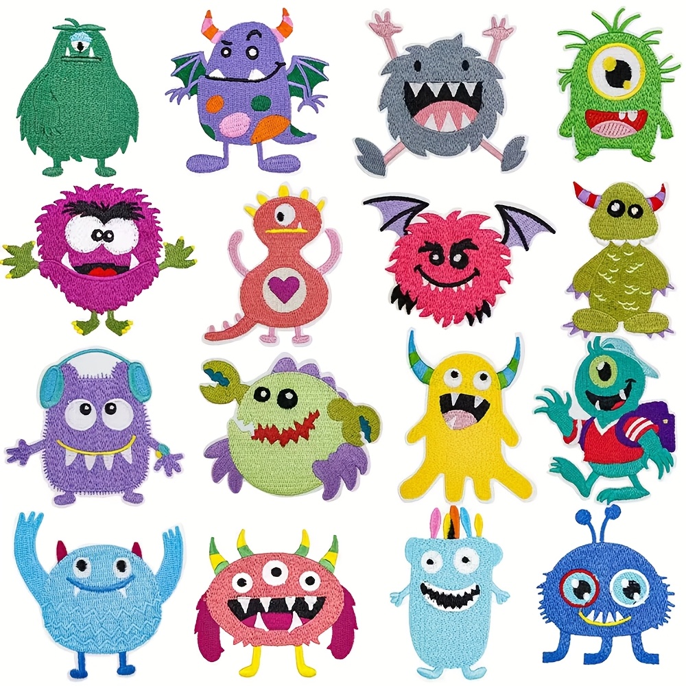 TEMU 16 Sheets New Cartoon Monster Heat Transfer Stickers, Embroidery Effect Patches Decoration Cloth Patches Suitable For Hats, Clothes, Backpacks,