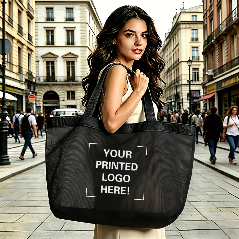 TEMU 1pc Oversized Mesh Women's Shoulder Bag, Customizable With Your Photo/design, Large Capacity Transparent Breathable Mesh, Blue/pink/gray/black ,