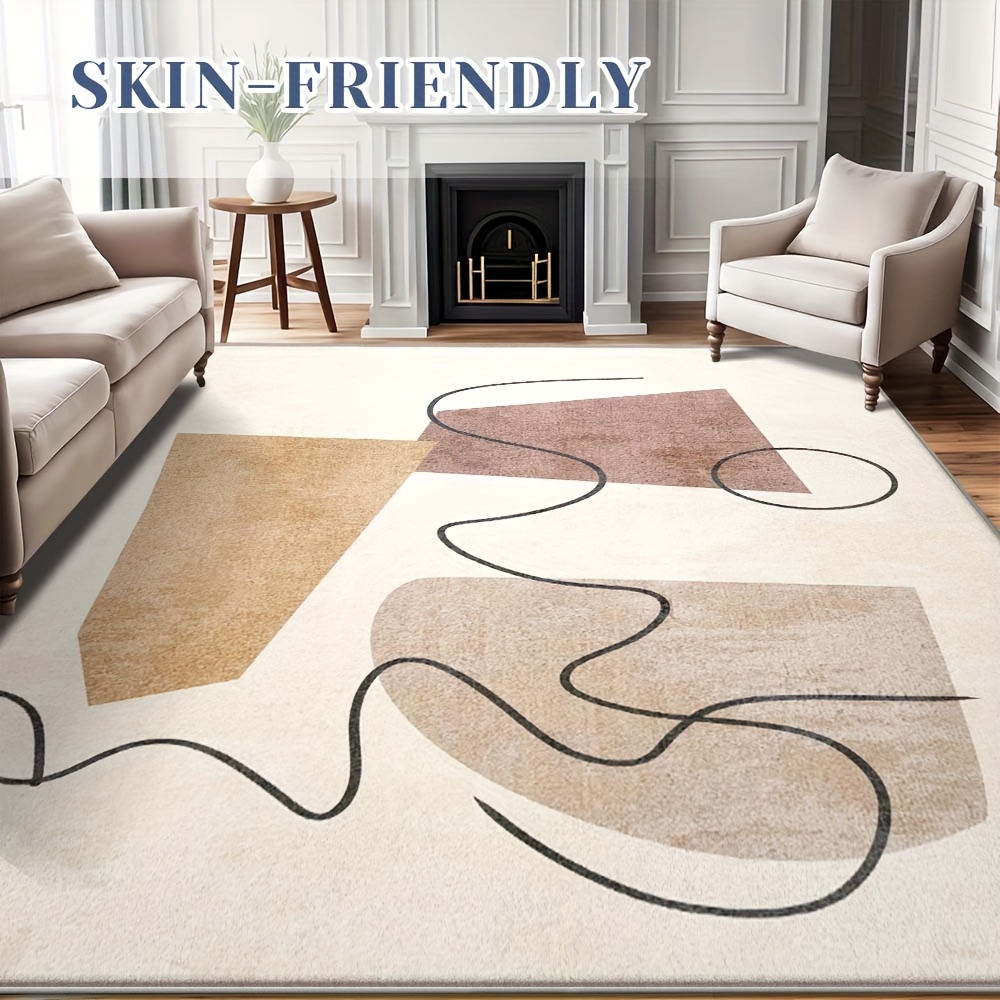 [ Product] - Modern Beige And Brown Abstract Design, Ultra-Soft, Machine Washable, Living Room, Bedroom, Office Decor - Home Rug, Indoor Mat | Abstract Print Mat | Polyester Velvet Mat, Living Room Carpet