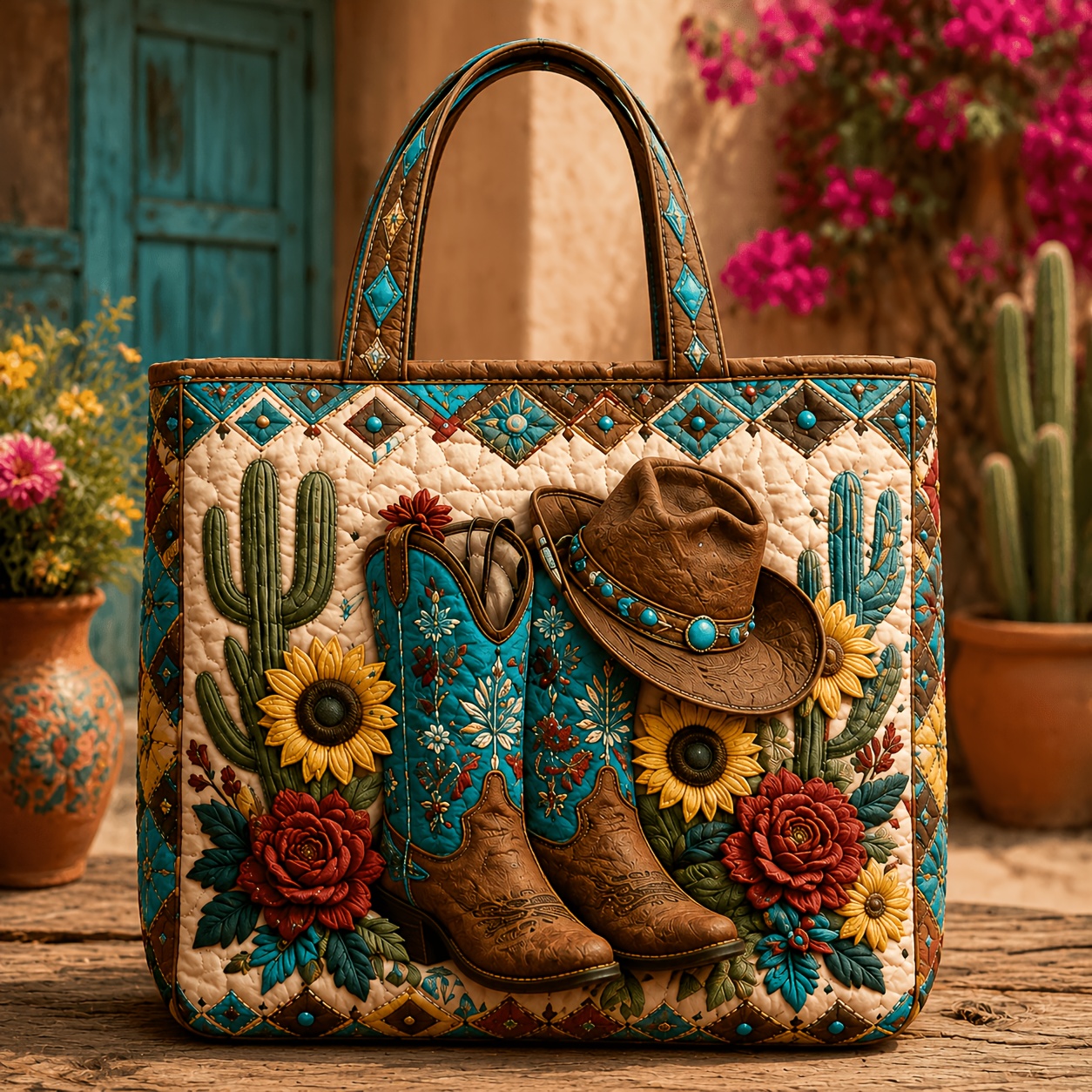 TEMU 1pc Women's Quilted Tote Bag, Western Cowboy Boots Cactus Sunflower Floral Print, Vintage Southwestern Handbag, Large Capacity Lightweight