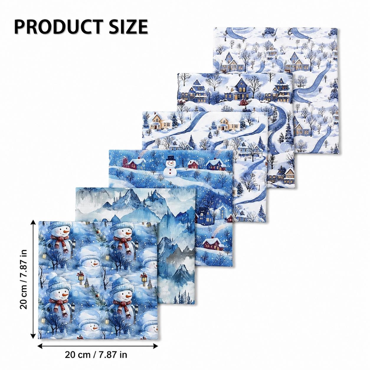 TEMU 6pcs/set Winter House & Snowman Fabric Squares - Fat Quarter Bundles Suitable For Quilting, Pre-cut Checked Craft Sheets With Snowman & Cabin