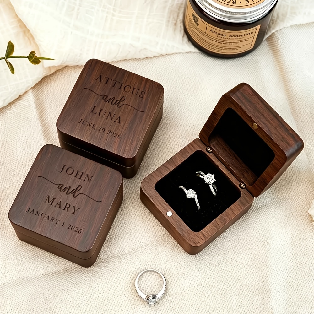 TEMU Boîte à bague de fiançailles personnalisée en avec les du couple, boîte à en bois sculptée sur mesure, cadeau d'anniversaire, boîte à bague