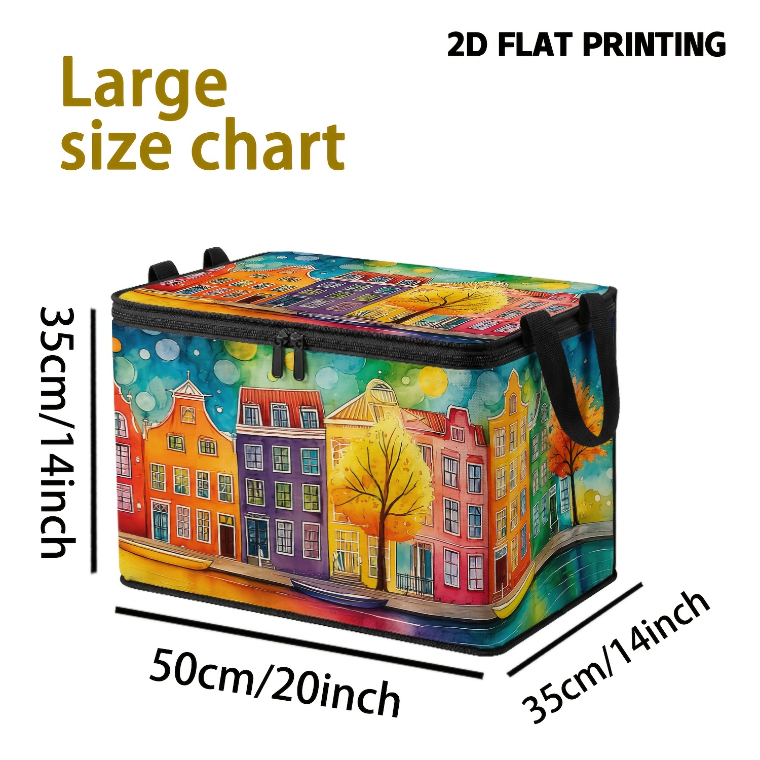 TEMU 1pc Colorful Architectural Illustration Foldable Storage Box, Non-woven Body With Reinforced Side Handles And Zipper Lid, Visually Vibrant And