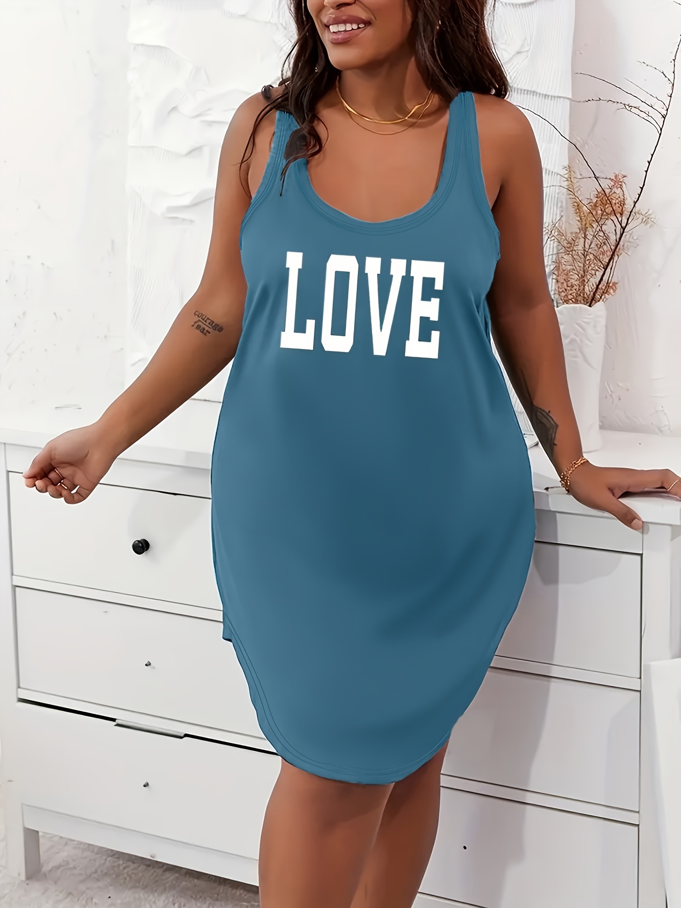 Women's Plus Casual Lounge Dress, Plus Size Letter Graphic Scoop Neck Racer Back Tank Home Wear Dress