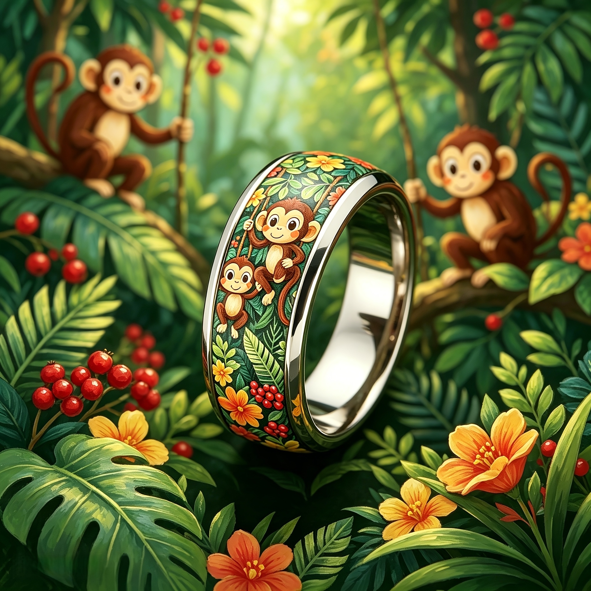 Jungle Monkey Cartoon Stainless Steel Ring, Hypoallergenic