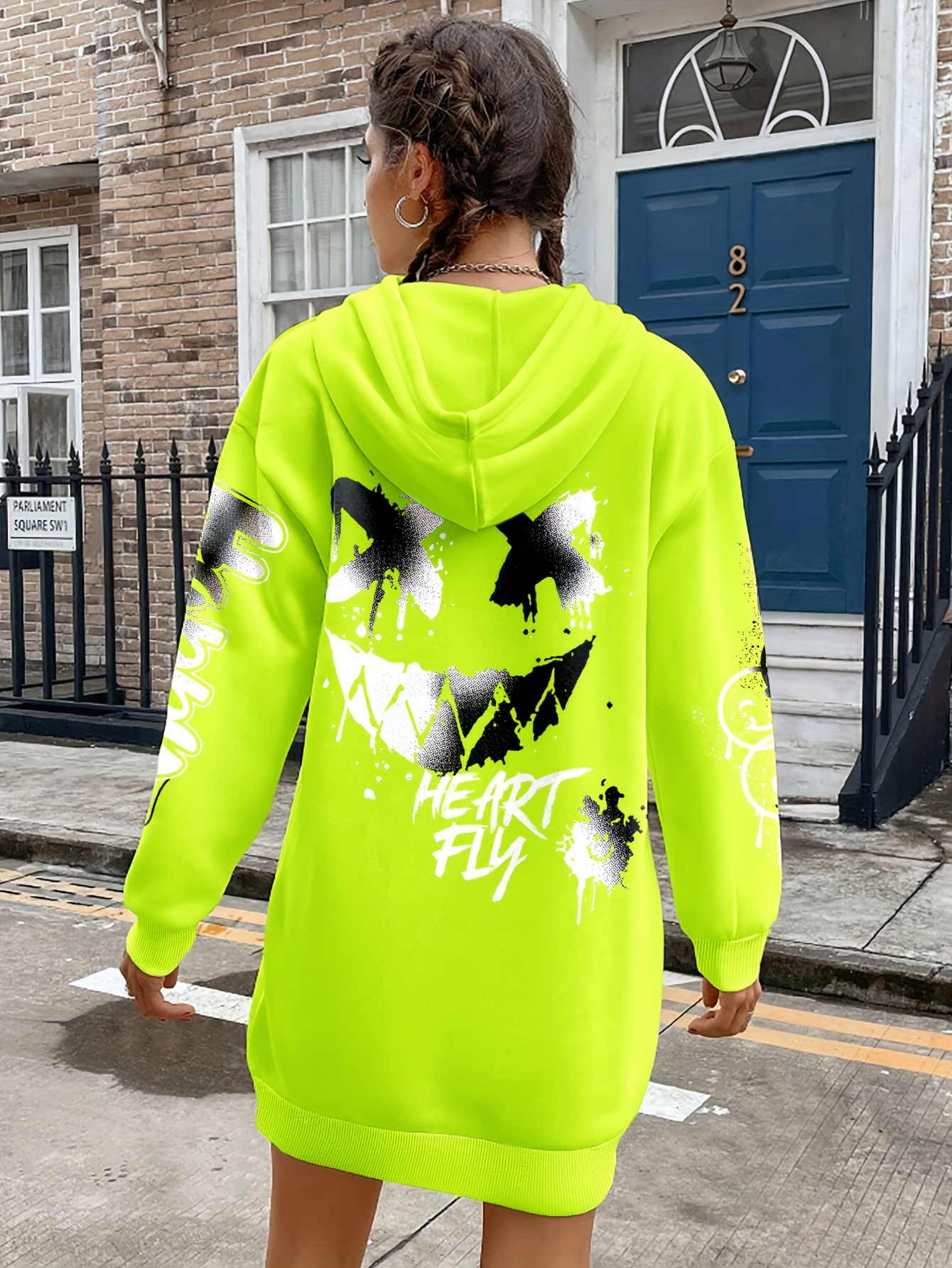 Women's Neon Green Hooded Sweatdress Long Drop Shoulder Hoodie Dress,  Thick Fabric for Fall/Winter, Outfit with Hood Casual Streetwear for