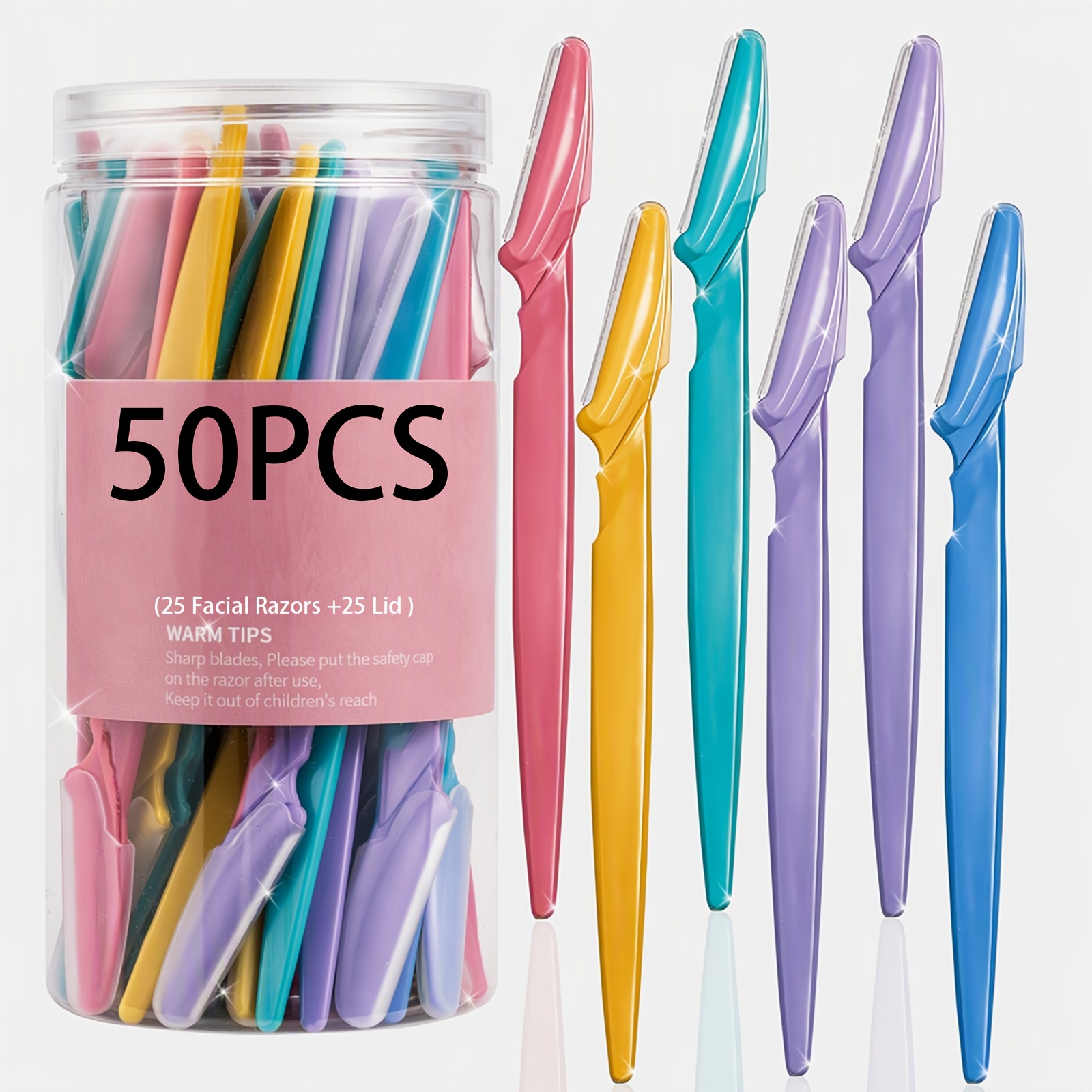 TEMU 50pcs (25 Facial Razors And 25 Lids) For Women And Men | Stainless Steel Eyebrow And Face Shaver With 48 Protective Covers | Precision