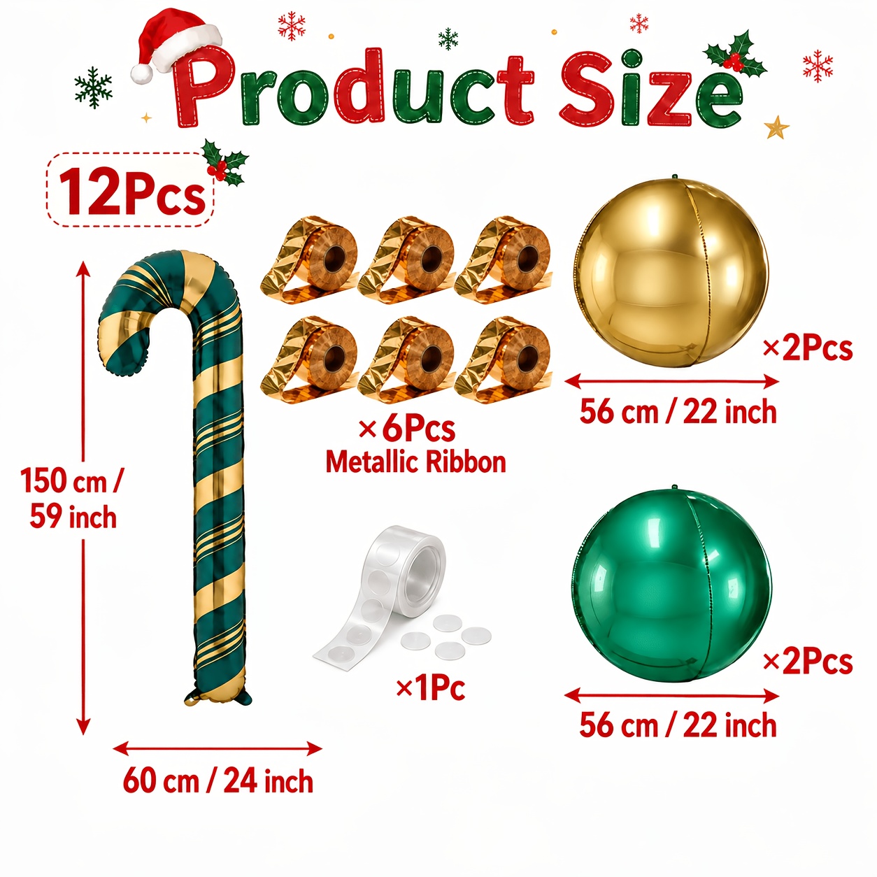 TEMU Photography Props 12pcs Extra Large Golden And Green Striped Christmas Candy Canes And Golden & Red Foil Balloons, Suitable For Christmas Party