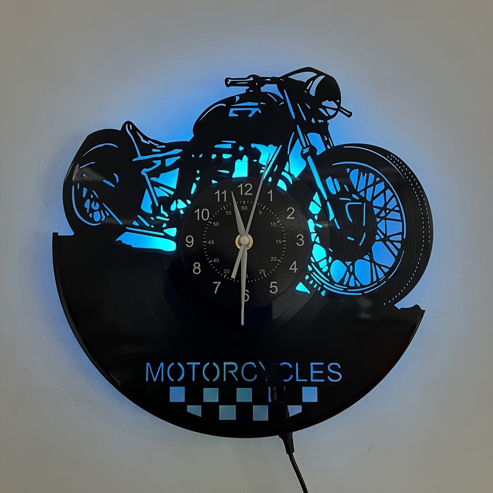 TEMU Vinyl Wall Clock Designed Like A Motorcycle Featuring Led Lights, Suitable For Home, Office, Hotel, And Shop Decor. It A Great Gift For Christmas, Birthdays, Children
