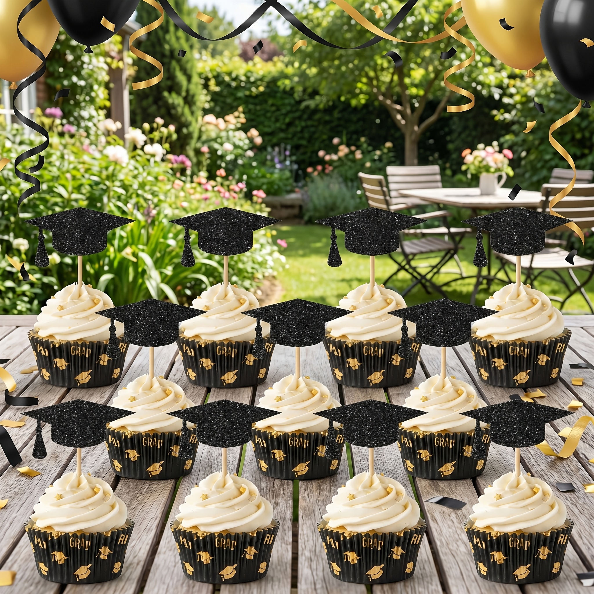 Image of 12pcs Graduation Cupcake Toppers - Black Glitter Graduation Hat Cupcake Toppers Set With Golden Decorations For Graduation Party Celebration, Halloween, Christmas