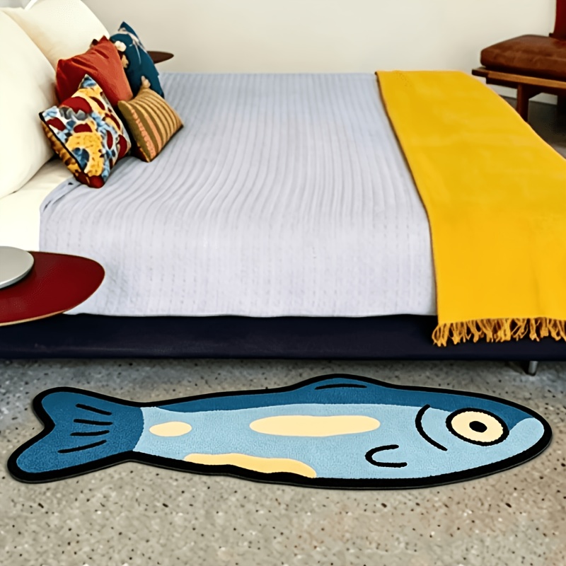 TEMU Minimalist Flat-printed Cartoon-style Small Fish Rug, Featuring An Overall Soothing And With Low- Blue Tones, Suitable For Bedroom And Home