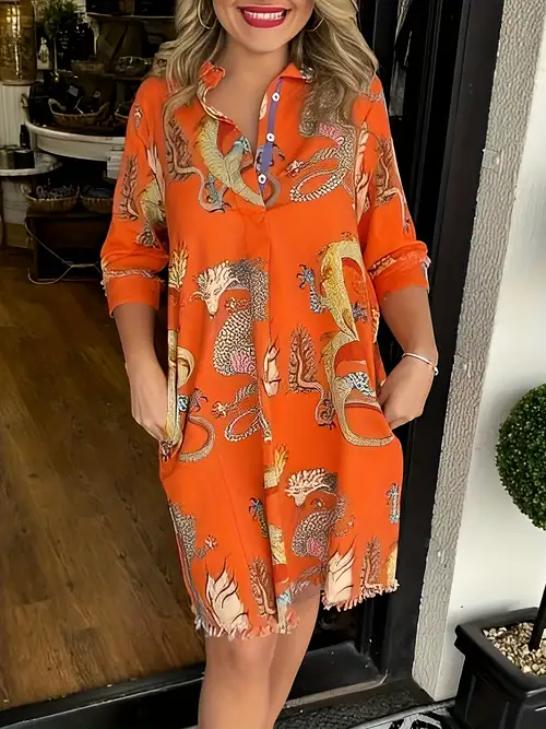 dragon shirt dress Short Sleeve White Dragon Print Shirt Dress