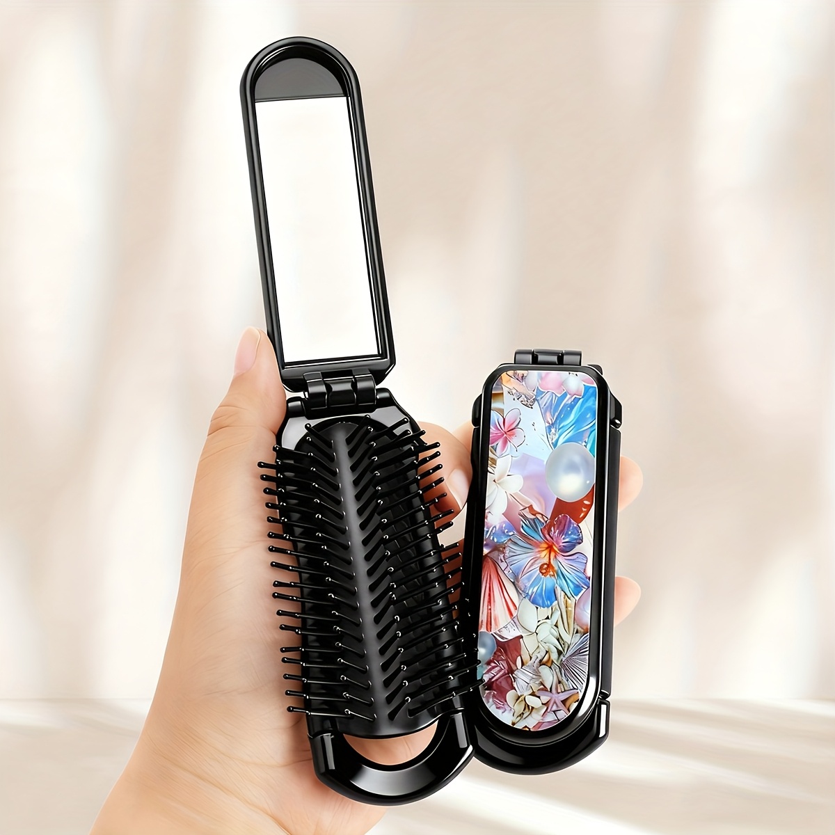 TEMU 1 pièce Peigne pliant avec petit , Brosse à cheveux, Peigne de poche, Peigne de voyage, Motif de fleur colorée, , , ciel étoilé, Style , Peigne