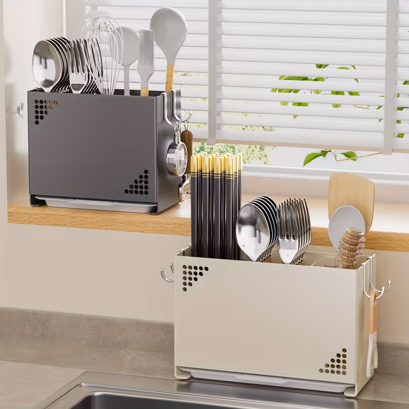 1pc wall mounted chopstick holder space saving kitchen organizer with cutlery slots countertop utensil rack with built in drainage system for home and restaurant use suitable for chopsticks spoons spatulas compact countertop or wall rack Product details 1