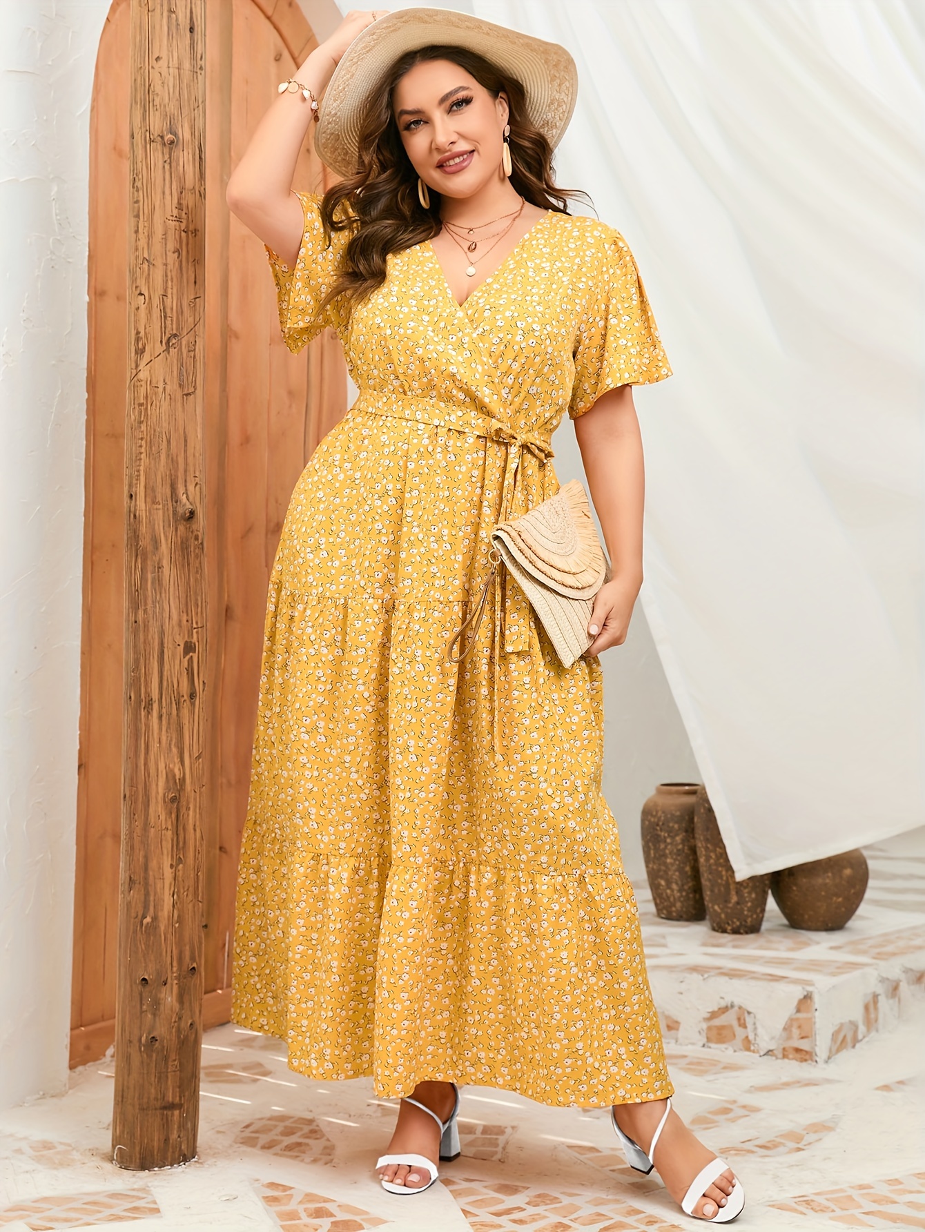 Yellow Empire Waist Summer Maxi Dress Plus Size, Womens Plus