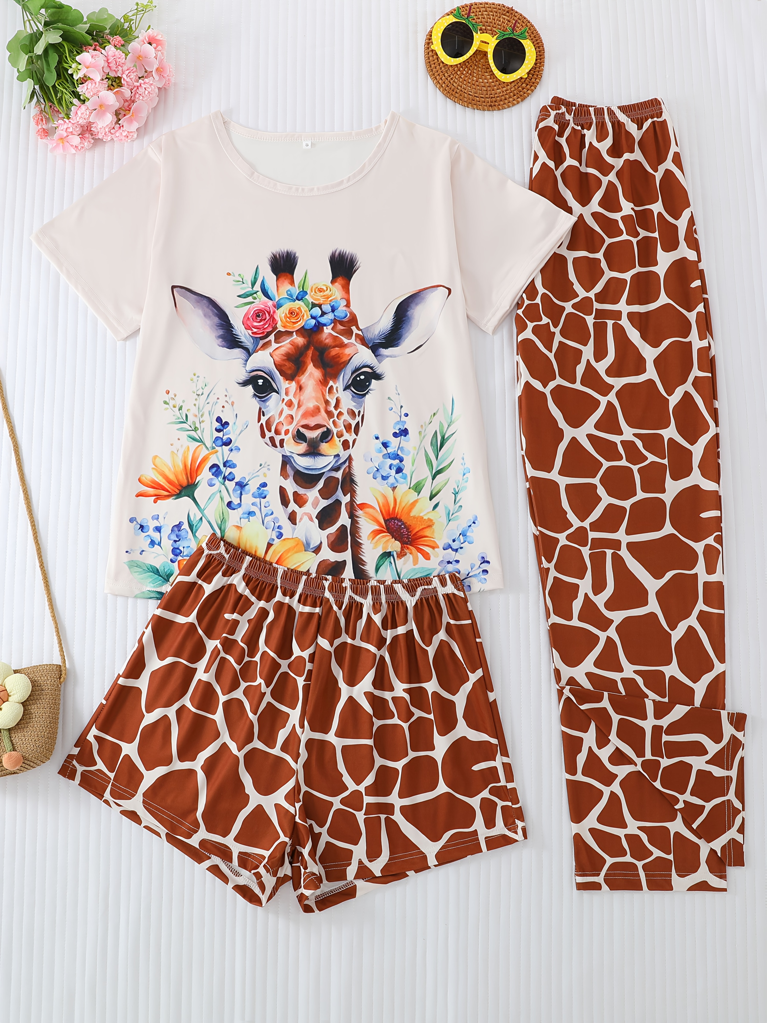 3pcs womens giraffe floral print pajama set short sleeve crew neck top elastic waist shorts pants soft fabric     animal print sleepwear giraffe decor Product details 0
