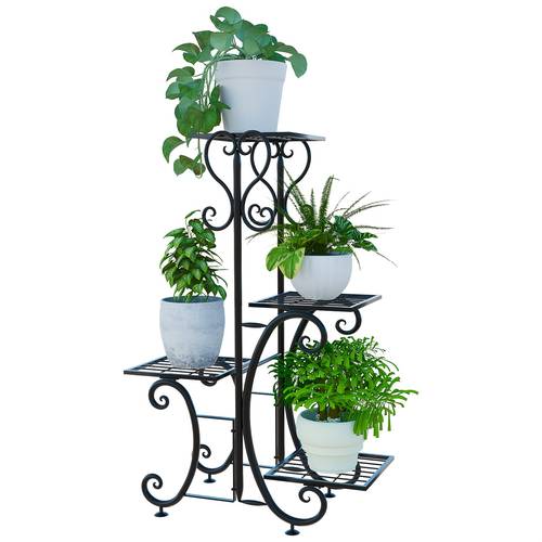 4 tier black metal plant stand versatile indoor outdoor flower pot holder decorative wrought iron display rack for garden patio lawn balcony office with grid pattern indoor plant organizer planter elegant metal rack