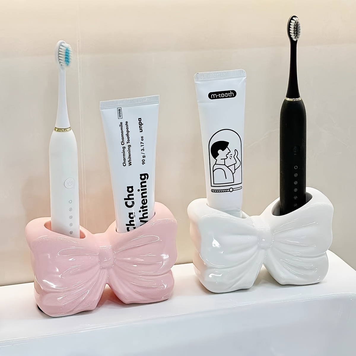 

Ceramic Bowknot Electric Toothbrush Holder - Dual Slot, Freestanding Bathroom Organizer, 's Gift