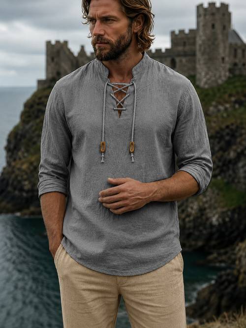 new mens medieval inspired henley shirt lace up collar long sleeve casual top soft breathable textured tunic for renaissance festivals vacation wear outdoor leisure and everyday