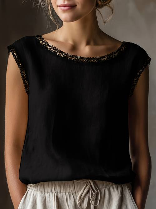 blusa artística vintage para mujer con cuello de encaje recortado y holgada, casual, y de uso