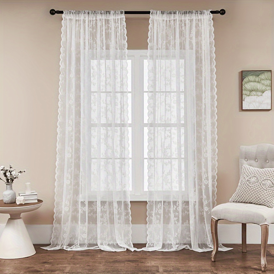 TEMU 1pc White Lace Sheer Curtain With - Uv Protection, Rod Pocket Window Treatment For Living Room & Bedroom Decor