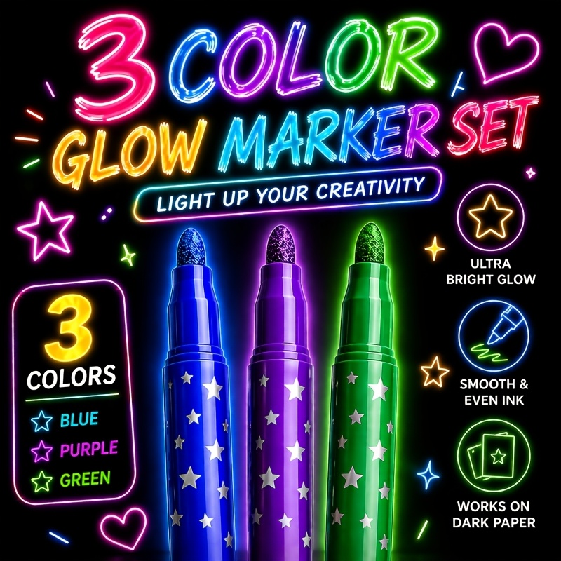 TEMU Glow In The Dark Highlighters, 3 Pack Neon Pattern Markers, Creative Doodle Pens For Journaling, Planner, Note Taking & Diy Crafts
