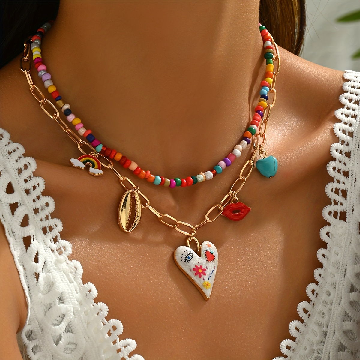item picture 2pcs set of funky jewelry featuring a gorgeous   red lips seashell  ow and turquoise heart shaped multi pendant necklace with colorful seed beads this beaded collarbone chain is suitable for womens daily wear street style