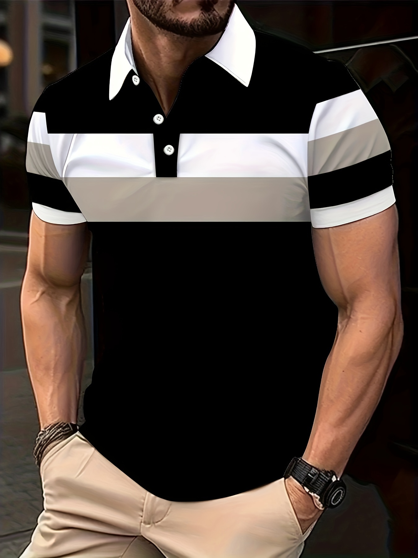 Men'S Casual Polo Shirt, Oversized Short Sleeve, Regular Fit, Fashionable Patchwork Lines Design, 95% Polyester 5% Spandex, Slight Stretch Knit Fabric, All Season Lapel Collar Top, Plus Size