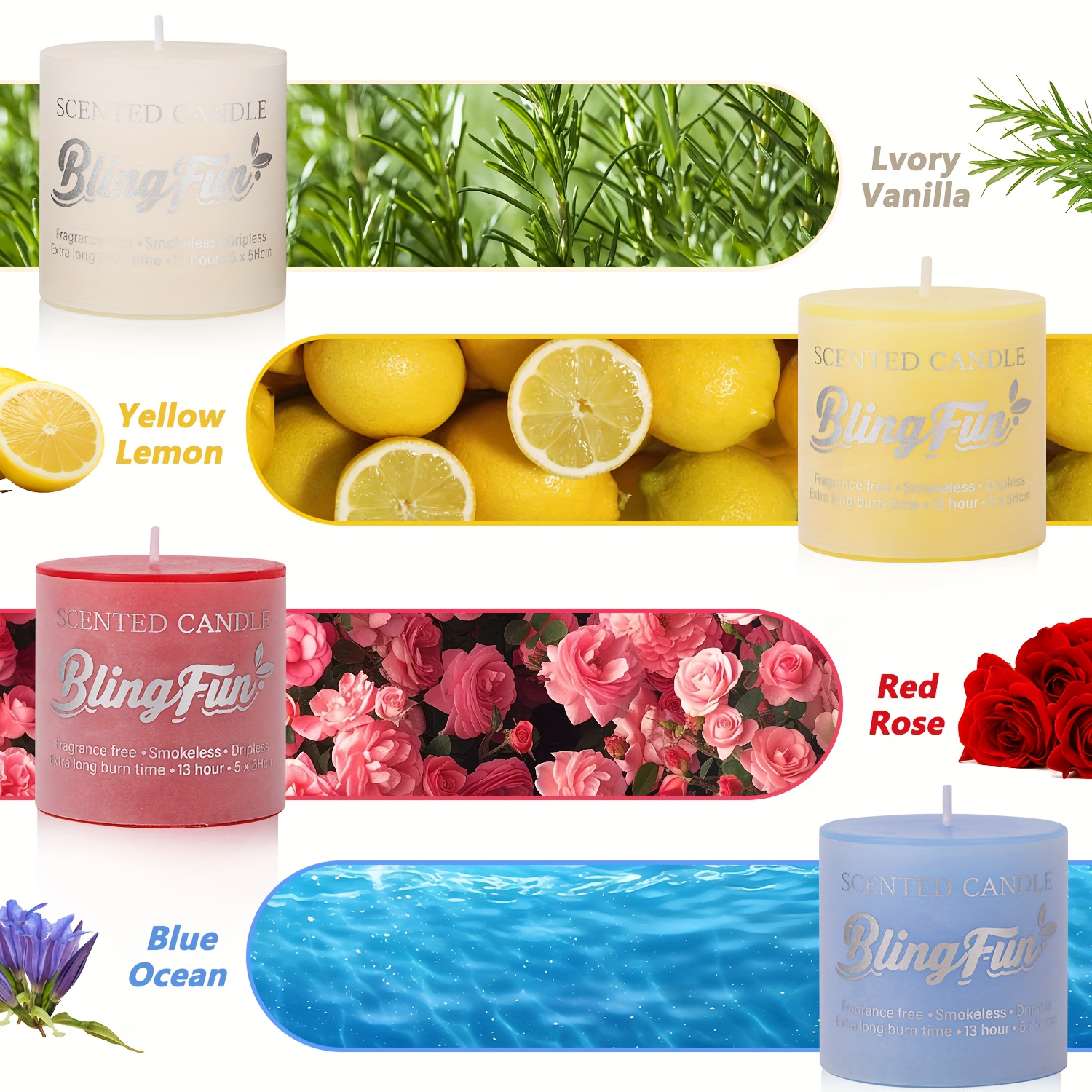 BlingFun 4-delige Bloemengeur Kaarsen Cadeauset