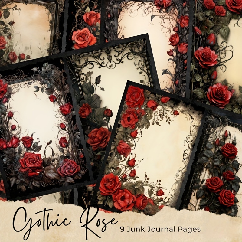 

Gothic Red Rose Vintage-inspired Paper Set, 9 Sheets - 10.2x7.8" | Perfect For Scrapbooking & Collage Art