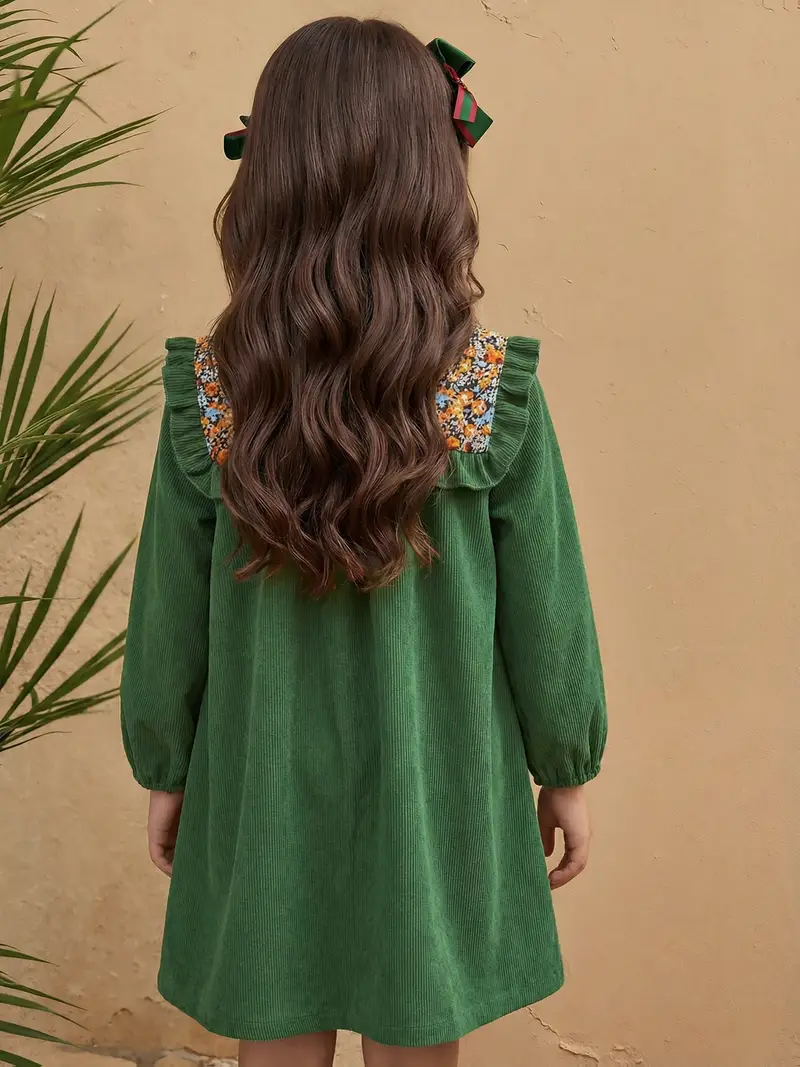 girls pink and green floral corduroy dress fall winter 2pcs Young Girls Knit Long Sleeve Top And Corduroy Flower Decor Pinafore Dress Set, Casual Outfits For Autumn/Winter