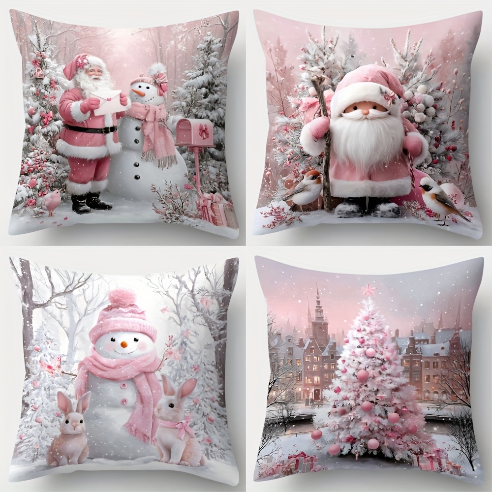 TEMU Juego de 4 fundas de almohada navideñas rosas, con estampado de Papá Noel, y árbol de Navidad, 17.7 x 17.7 pulgadas, estampado , solo fundas de