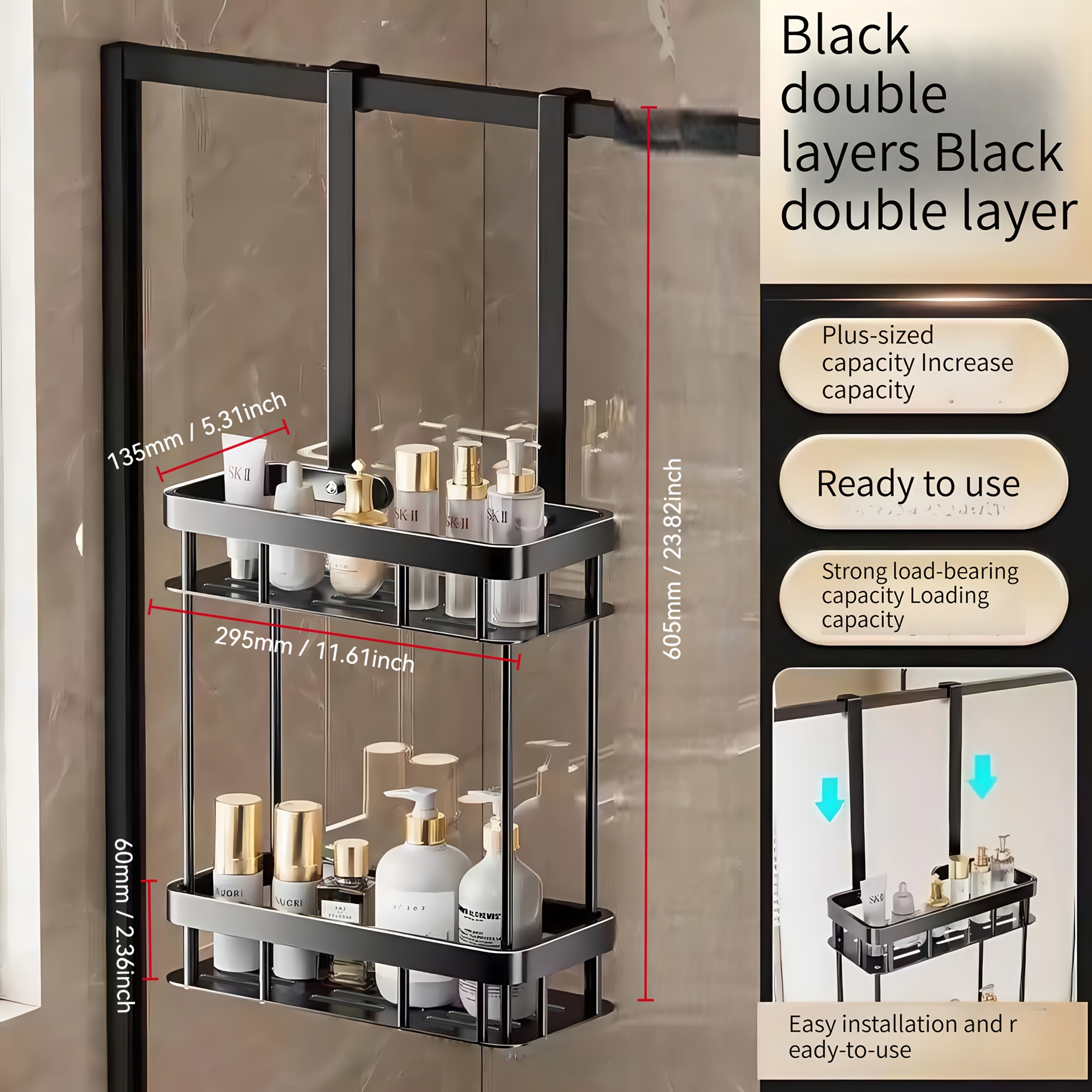 E-shop Duschregal, Badezimmerregal, 2 Stile verfügbar, kein Bohren erforderlich, Küche Schlafzimmer Wandmontage, Toilettenartikel Organizer, Badezimmer