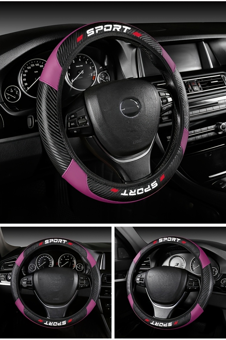Funda para Volante de PU con Costuras de Imitación de Cuero de Fibra de Carbono, Adecuada para Volantes de Coche de 15 Pulgadas, Universal para Cuatro Secciones