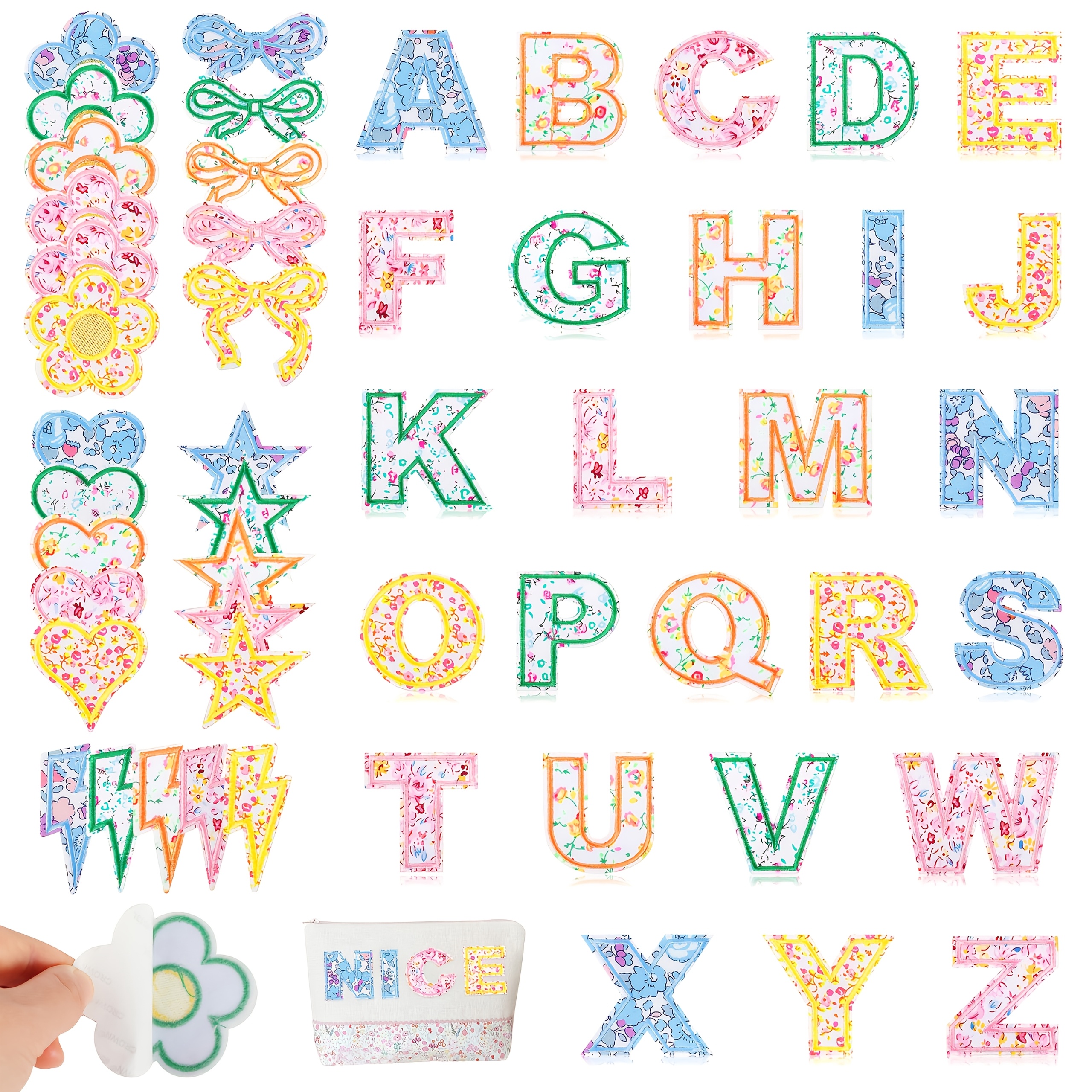 TEMU 51pcs Self-adhesive Letter Patches For Bags: Multicolor Floral Fabric Varsity Stick-on Letters - Cute Flower, Star, Heart, Lightning & Bow