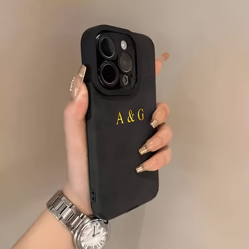 

Personalized Phone Case For 15 14 11 Pro Max Customized Name Letters Engraved 3d Golden Hot Stamping Luxury Plain Suede Lambskin Leather Shockproof Case