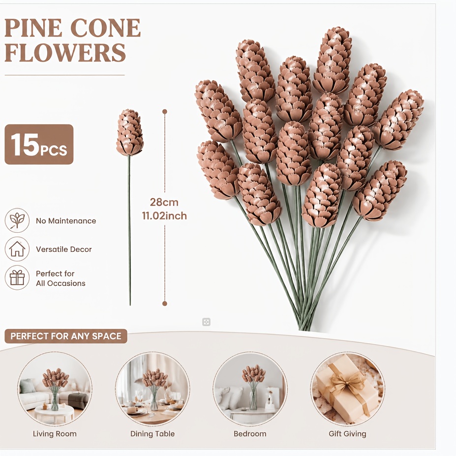 TEMU 15pcs Set Of High-end Artificial Pine Cones, For Christmas Wreaths, Bouquets, Weddings, And Home Party Decorations, Artificial Pe Pine Cones,
