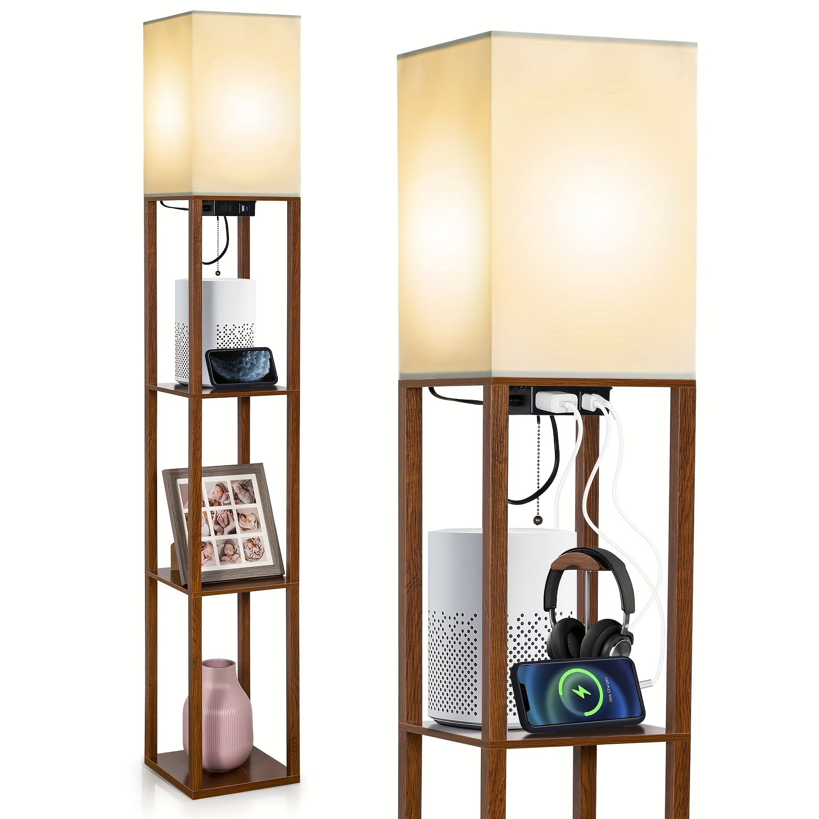 TEMU 1 Pillar Mounted Floor Lamp With Rack, Modern Floor Lamp With 9w Led Bulb, Adjustable 3 Color Temperature, Storage Of Items, With Usb+type-c