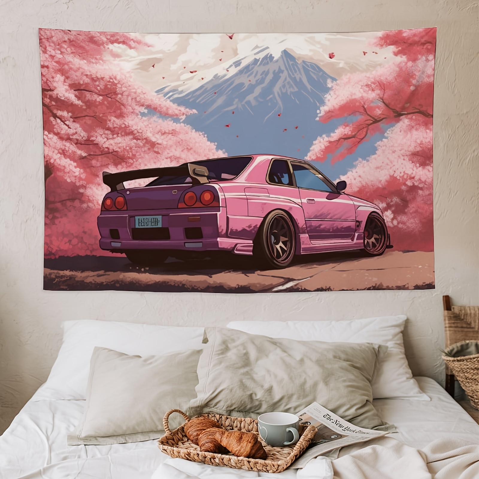 

Anime-inspired Jdm Car R34 With Sakura And Mount Fuji Wall Tapestry, Japanese Art Knit Polyester Fabric Hanging Decor For Bedroom, Living Room, Dorm - Indoor Use, No Electricity Required