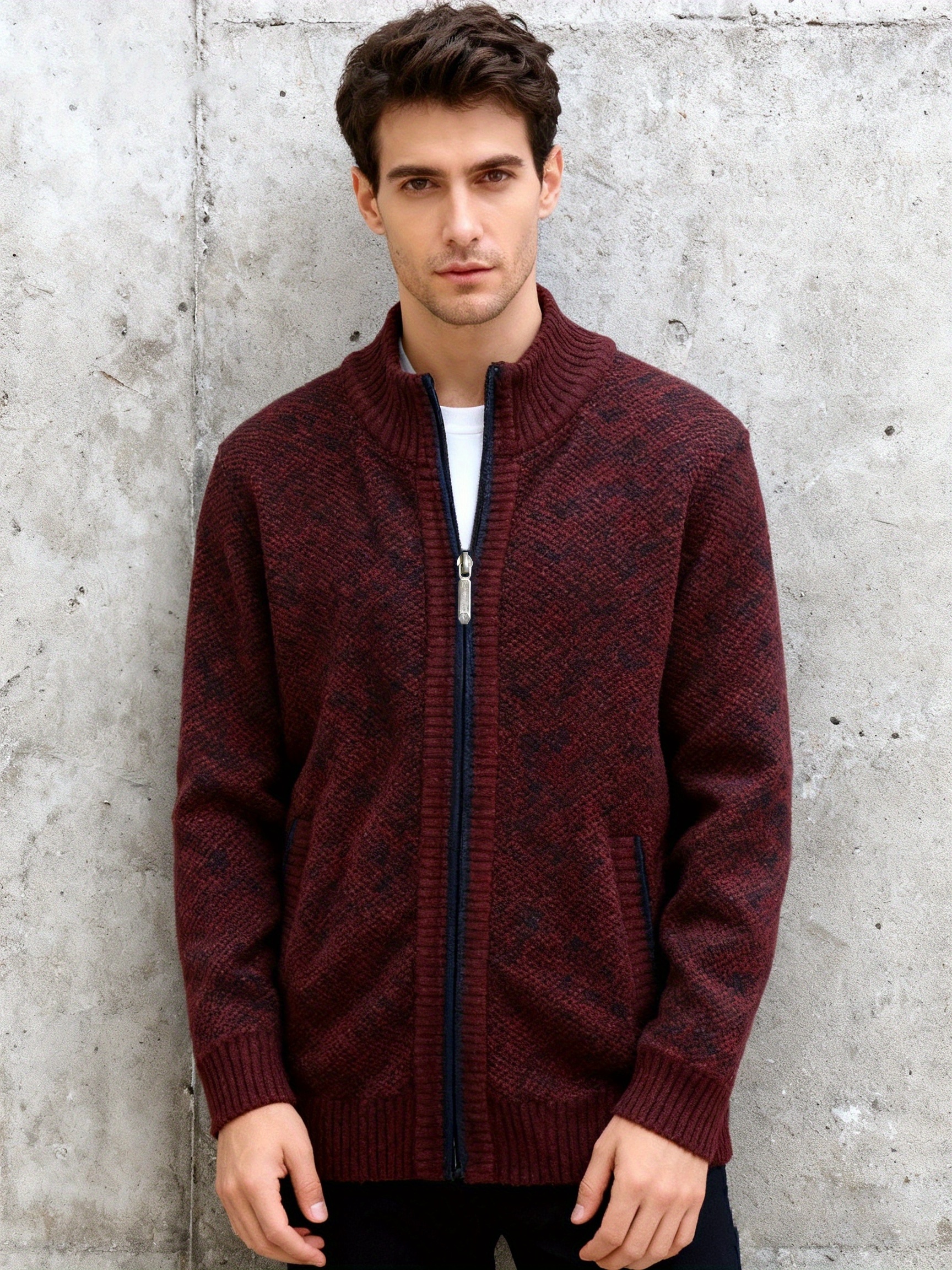 1pc fall winter new arrival lined stand up collar knit cardigan mens zippered sweater jacket fashion warm casual outerwear   only 1 jacket
