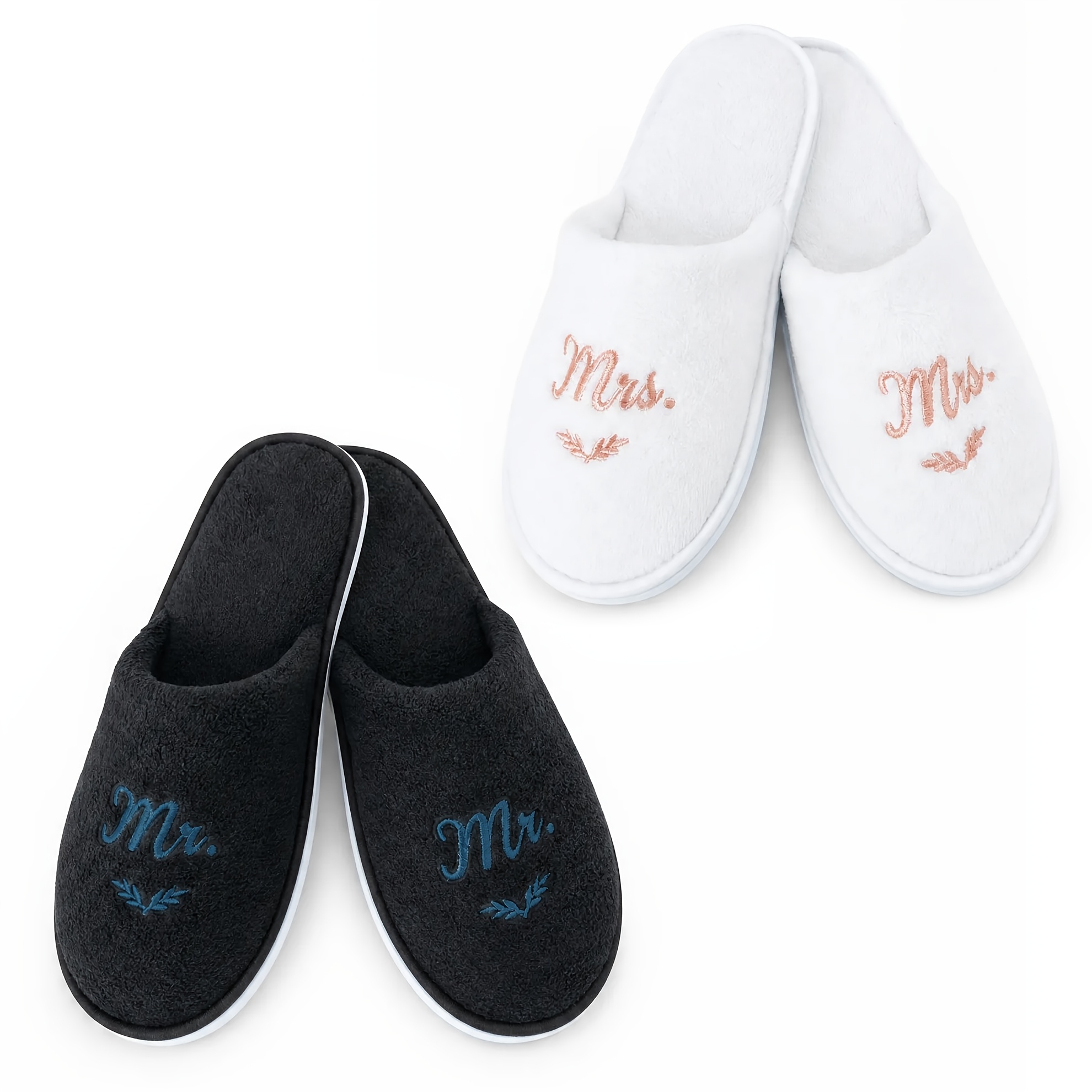TEMU Set Of 2 Wedding Slippers Suitable For Bachelorette, Footwear - Lightweight Sole With Soft Fabric Sole & Mr/mrs Embroidery Slides For Honeymoon