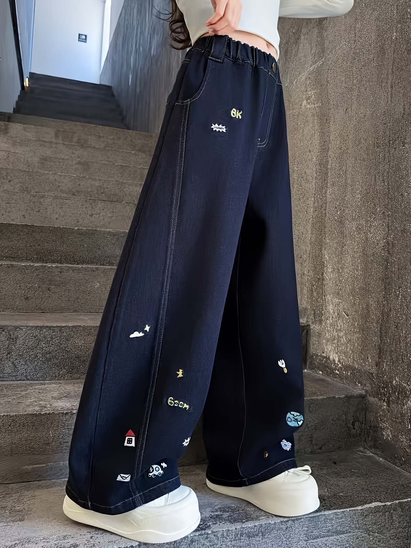 Girls' Embroidered Blue Jeans for Autumn & Spring