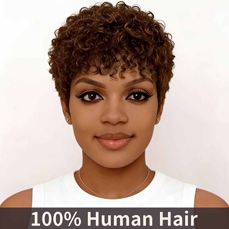 TEMU Style Afro Court et Bouclé Brun, Cheveux Humains 6 pouces, 180%, Perruque en Cheveux Humains Remy Brésiliens pour Femmes, Fabriquée à , Convient