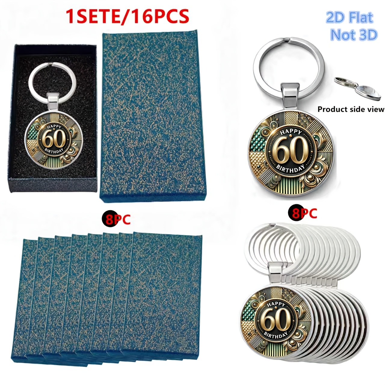 TEMU 2d Flat - 60th Birthday, 60th Anniversary Element Metal Keychain, 1 Set Of 16pcs [including 8 Gift Boxes, 8 Keychains] Colored Picture Round